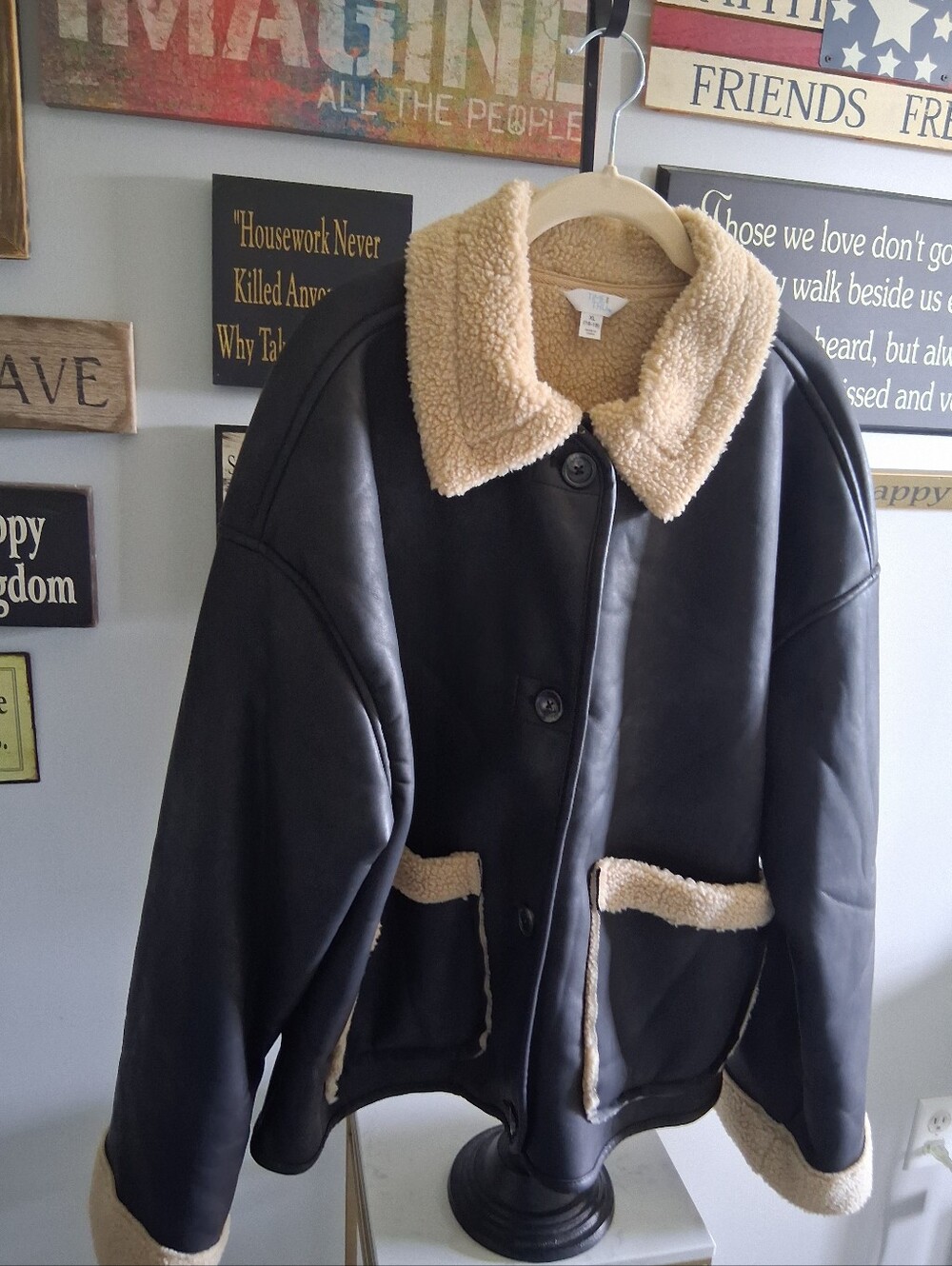 Black & Faux Soft Leather & Cream Fleece Lined Jacket Size XL